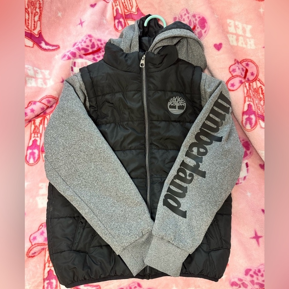 Timberland Kids Puffer Hoodie Jacket | Gray & Black Zip-Up | Size M (10/12)